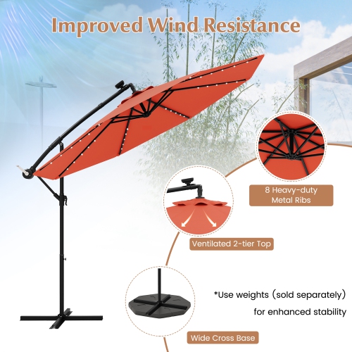 Gymax 10 ft Patio Offset Umbrella w/ Solar Lights Deck Umbrella w/ Easy Tilt Adjustment Orange