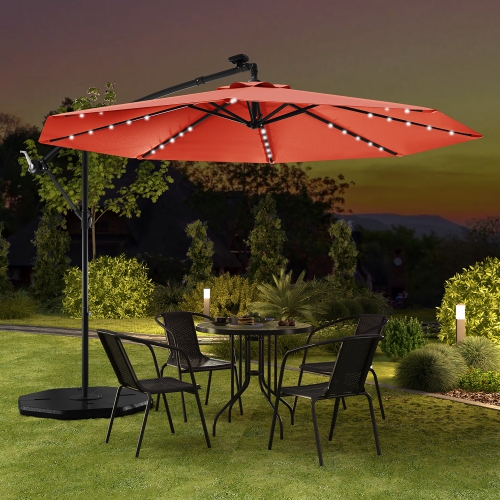 Gymax 10 ft Patio Offset Umbrella w/ Solar Lights Deck Umbrella w/ Easy Tilt Adjustment Orange