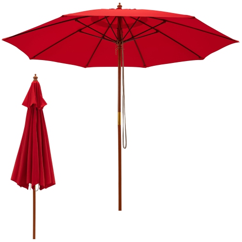 GYMAX  9.5 Ft Rope Pulley Wooden Umbrella Market W/ Fiberglass Ribs Patio