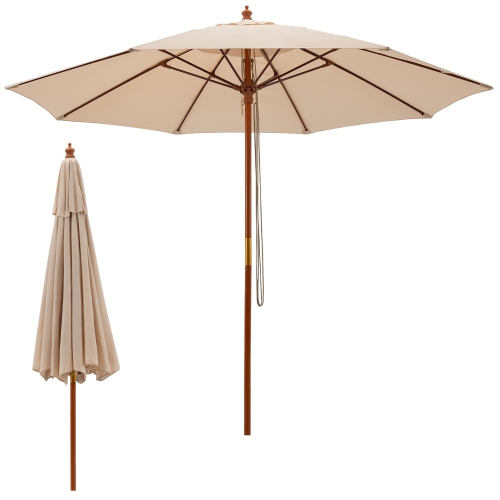 GYMAX  9.5 Ft Rope Pulley Wooden Umbrella Market W/ Fiberglass Ribs Patio