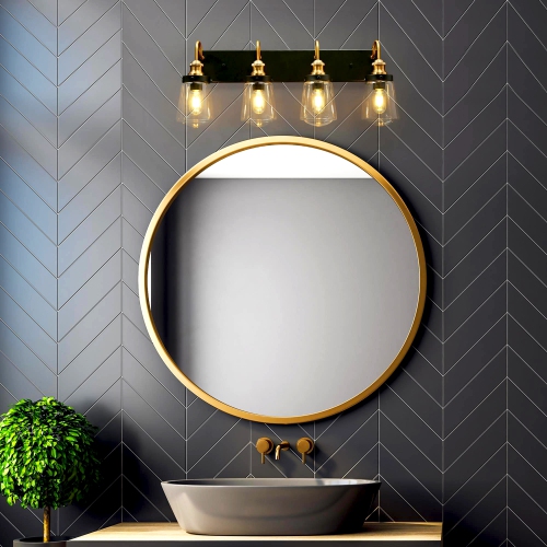 Modern Farmhouse Bathroom Wall Sconce, 4-Light Black and Brass Transitional Bell Vanity Light with Clear Glass Shades