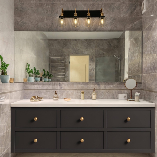 Modern Farmhouse Bathroom Wall Sconce, 4-Light Black and Brass Transitional Bell Vanity Light with Clear Glass Shades