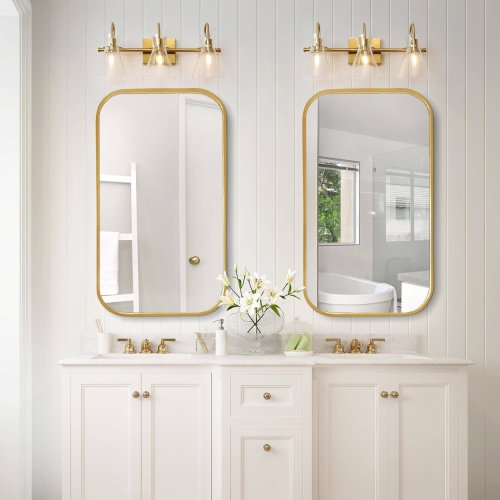 Modern Bell Bathroom Vanity Light, 3-Light Brass Gold Wall Sconce Light with Seeded Glass Shade