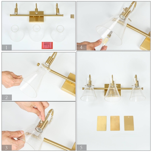 Modern Bell Bathroom Vanity Light, 3-Light Brass Gold Wall Sconce Light with Seeded Glass Shade