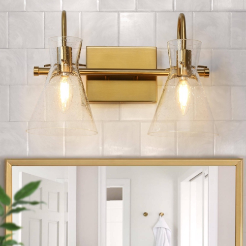 UOLFIN  Modern Bathroom Vanity Light, 2-Light Bell Minimalist Powder Wall Sconce Light With Seeded Glass Shades In Gold