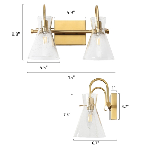 Modern Gold Bathroom Vanity Light, 2-Light Bell Minimalist Powder Wall Sconce Light with Seeded Glass Shades