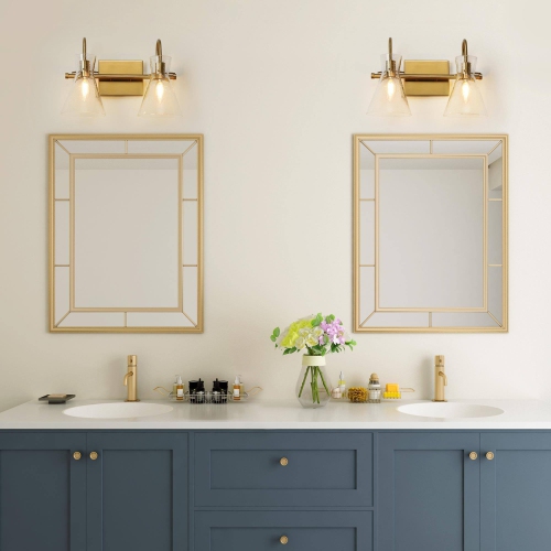 Modern Gold Bathroom Vanity Light, 2-Light Bell Minimalist Powder Wall Sconce Light with Seeded Glass Shades