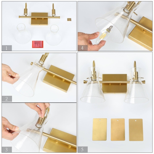 Modern Gold Bathroom Vanity Light, 2-Light Bell Minimalist Powder Wall Sconce Light with Seeded Glass Shades