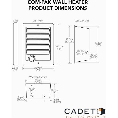 Cadet Com-Pak Electric Wall Heater Complete Unit Without Thermostat, 2560/1925 BTU