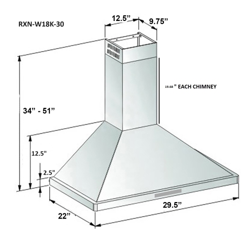 ROXON 900 CFM 30 Inches Range Hood Stainless Steel Wall Mounted Kitchen Exhaust Fan Style RXN-W18K-30