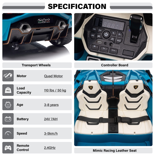 Voltz Toys Ride-on Car for Kids, 24V Lamborghini SIAN, 4WD Battery Powered Electric Car with Remote Control, EVA Wheels, Open Doors, Storage, Leather