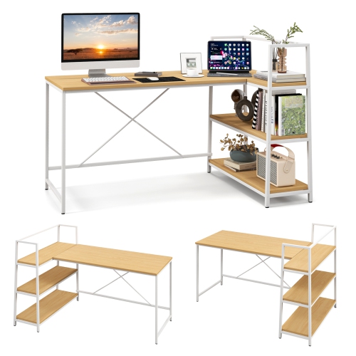 TOPBUY  59 Inch L-Shaped Computer Desk Large Reversible Corner Desk W/ Open Storage Shelves Space-Saving Writing Study Table PC Laptop Gaming Desk +