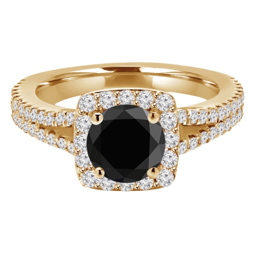 2 1/4 CTW Round Black Diamond Split-Shank Halo Engagement Ring in 14K Yellow Gold - Size 4 to 9