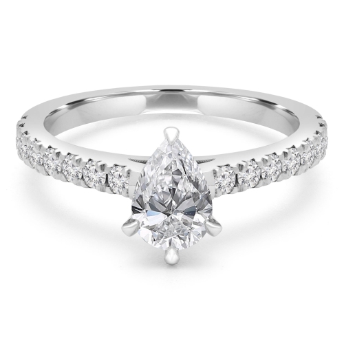 1 1/10 CTW Pear Diamond Solitaire with Accents Engagement Ring in 14K White Gold - Size 4 to 9
