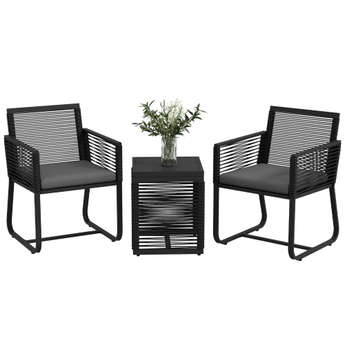 OUTSUNNY  3 Pieces Wicker Patio Furniture Set, Rattan Bistro Set w Glass Top Coffee Table And Cushions, Outdoor Conversation Set for Garden, Porch