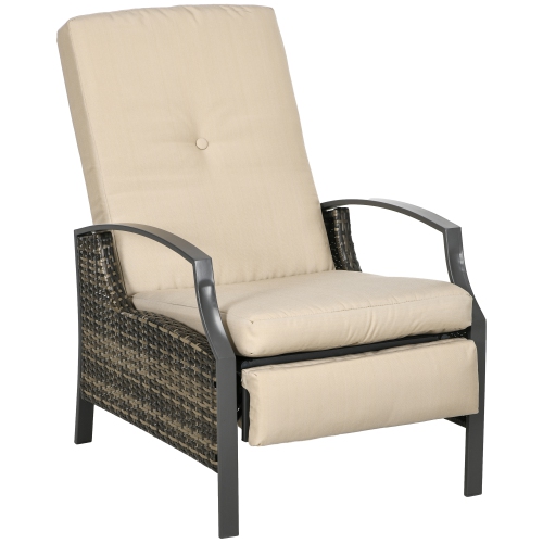 Image 1 de 9.. Fauteuil inclinable extérieur en rotin de polyéthylène Outsunny, chaise longue de patio en osier avec dossier réglable, repose-pieds et coussin