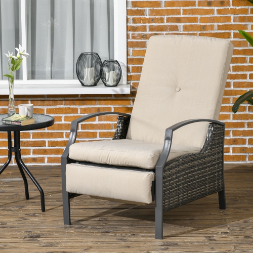 Outsunny PE Rattan Outdoor Recliner Chair, Wicker Patio Lounge Chair with Adjustable Backrest, Retractable Footrest and Cushion, Khaki