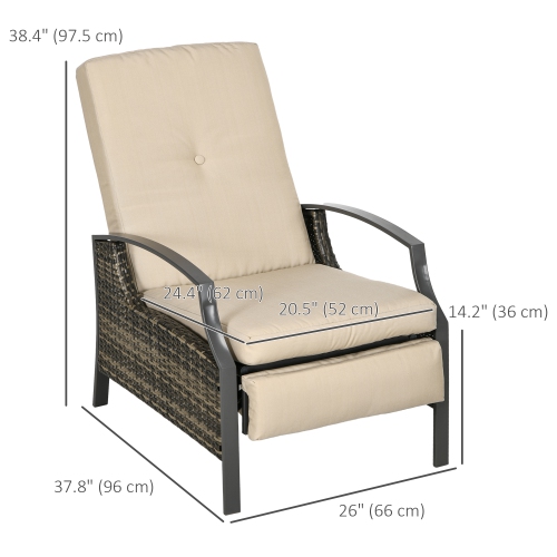 Outsunny PE Rattan Outdoor Recliner Chair, Wicker Patio Lounge Chair with Adjustable Backrest, Retractable Footrest and Cushion, Khaki