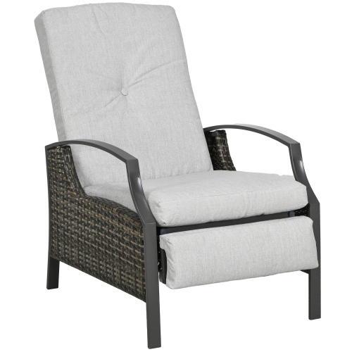 Image 1 de 9.. Chaise d'extérieur inclinable en rotin de polyéthylène Outsunny, chaise longue de patio en osier avec dossier réglable, repose-pieds et coussin
