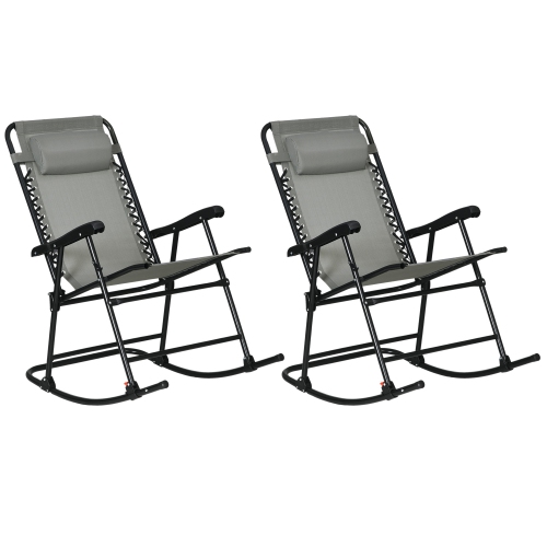 Outsunny 2pc Patio Foldable Rocking Chair Set w/ Breathable Mesh Seat & Backrest, Padded Headrest for Park, Backyard, Garden, Grey