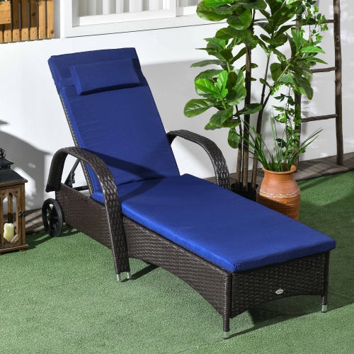 Outsunny Wicker Chaise Lounge, Outdoor Lounge Chair, PE Rattan Patio Sun lounger with Head-rest, 5-Level Height Adjust Backrest, Cushion & Wheels,