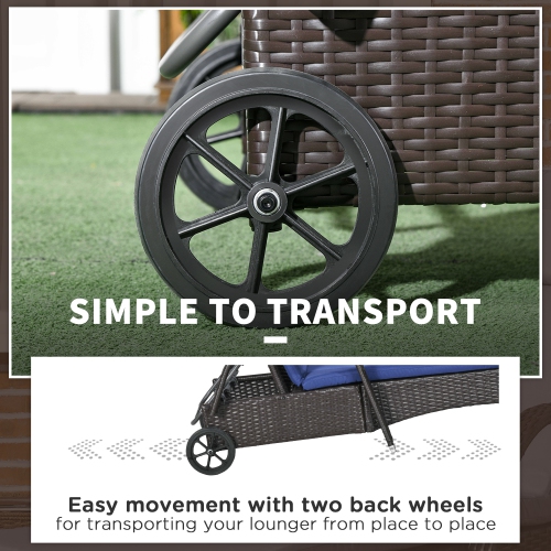 Outsunny Wicker Chaise Lounge, Outdoor Lounge Chair, PE Rattan Patio Sun lounger with Head-rest, 5-Level Height Adjust Backrest, Cushion & Wheels,