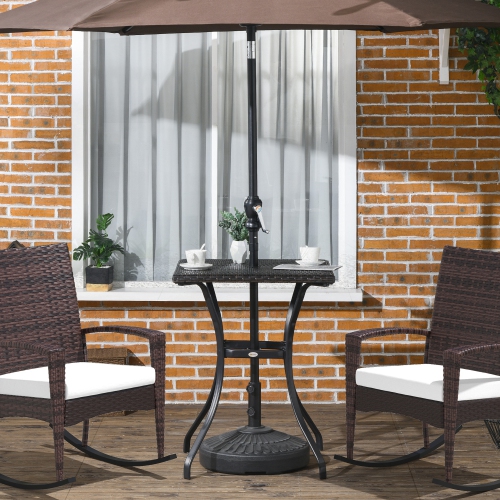 Outsunny Patio Wicker Dining Table with Umbrella Hole, 34 Inch Outdoor PE Rattan Coffee Table with Plastic Board Under the Woven Table Top for Patio,
