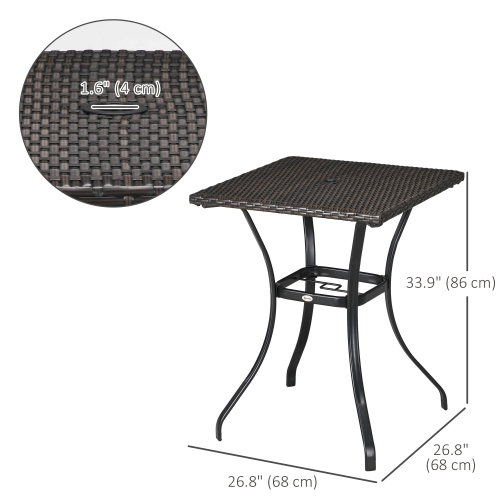 Outsunny Patio Wicker Dining Table with Umbrella Hole, 34 Inch Outdoor PE Rattan Coffee Table with Plastic Board Under the Woven Table Top for Patio,