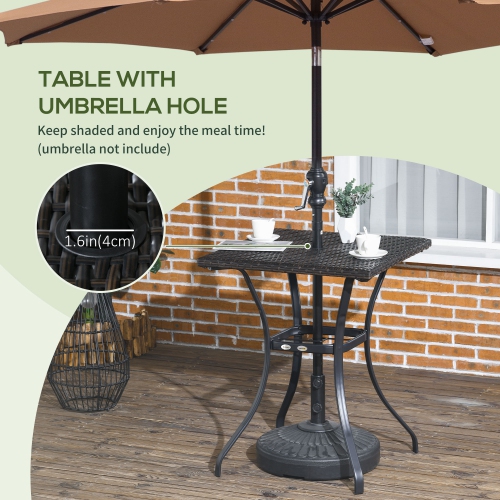 Outsunny Patio Wicker Dining Table with Umbrella Hole, 34 Inch Outdoor PE Rattan Coffee Table with Plastic Board Under the Woven Table Top for Patio,