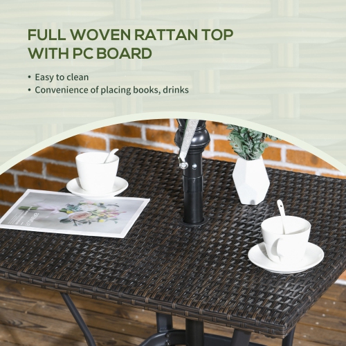 Outsunny Patio Wicker Dining Table with Umbrella Hole, 34 Inch Outdoor PE Rattan Coffee Table with Plastic Board Under the Woven Table Top for Patio,