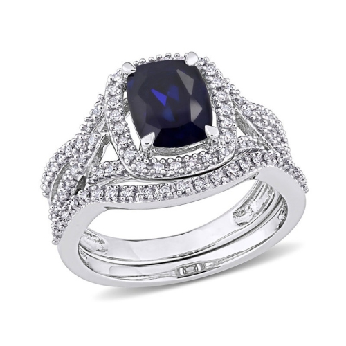 GEM AND HARMONY  2.20 Carat (Ctw) Lab-Created Sapphire With Diamonds Bridal Wedding Set Engagement Ring 10K White Gold In Blue