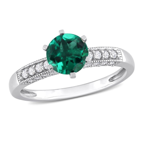 GEM AND HARMONY  1.00 Carat (Ctw) Lab-Created Emerald Ring In 10K Gold With Diamonds In White
