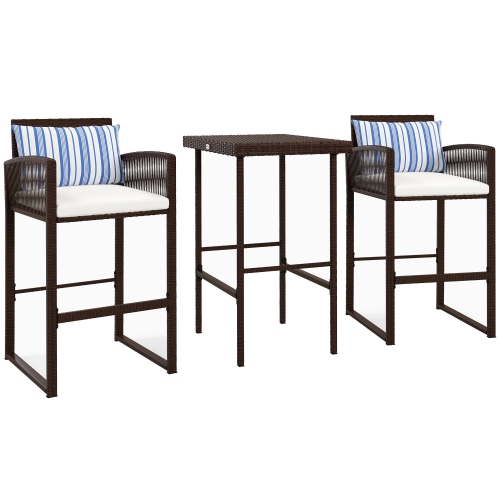 Outsunny 3-Piece Wicker Patio Bar with 2 Chairs and Bar Height Table, PE Rattan Outdoor Bar Set with Cushions and Two Pillows, for Poolside, Backyard