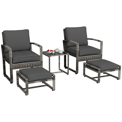 Outsunny 5 Pieces Rattan Patio Furniture with Armchairs, Stools, Glass Coffee Table, Outdoor Wicker Conversation Sofa Set with Cushions, for Poolside