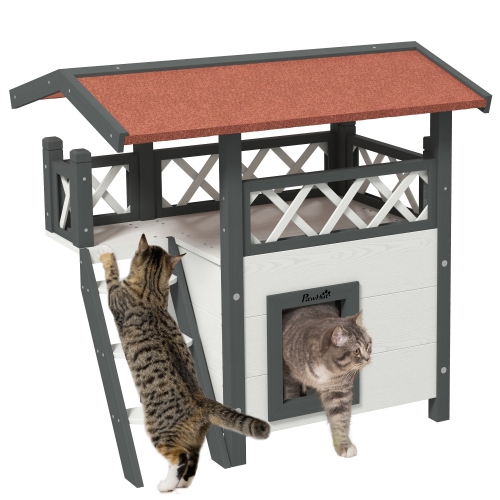 PAWHUT  " Outdoor Cat House, 2-Story Shelter for Feral Cats, Wooden Kitten Condo With Asphalt Roof, Stairs, Balcony, 30"" X 20"" X 29"", White"