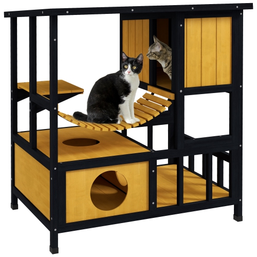 PAWHUT  Outdoor Cat House Feral Cat Shelter Wooden Cat House \w Suspension Bridge, Condos, Escape Doors, Jumping Platform, Water-Resistant Roof, For