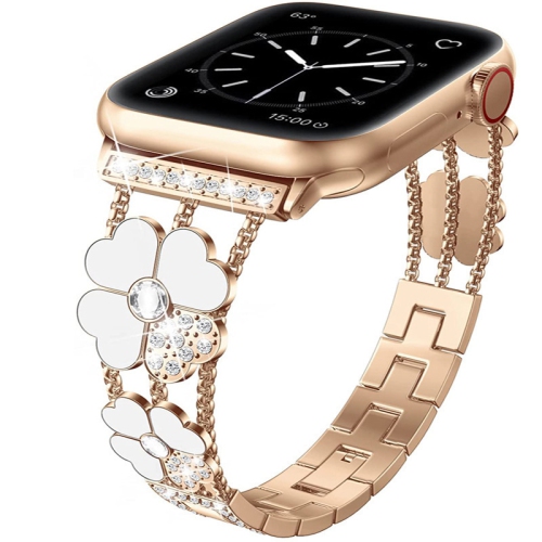 WORRYFREE GADGETS Wfg Metal Bling Band for Apple Watch 38/40/41MM -White Flower/rose Gold