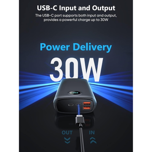 Chargeur portable de 40000 mAh avec recharge rapide QC 4,0 et PD 30 W, écran DEL intégré, 2 ports USB et 1 sortie de type C.