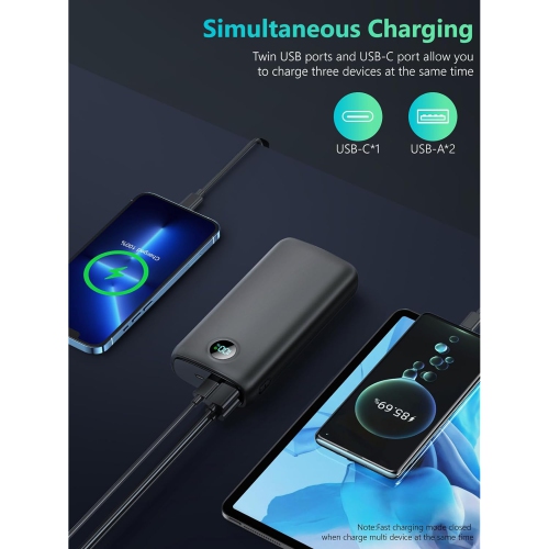 Chargeur portable de 40000 mAh avec recharge rapide QC 4,0 et PD 30 W, écran DEL intégré, 2 ports USB et 1 sortie de type C.