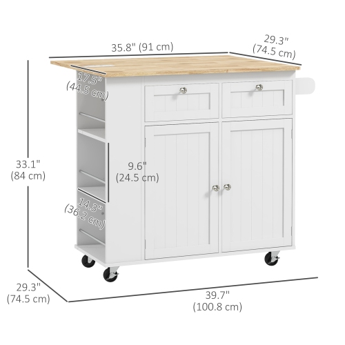 HOMCOM Kitchen Island with USB Ports & Power Outlets, Farmhouse Kitchen Cart with Wood Drop Leaf, Rolling Kitchen Island with 2 Drawers, Spice Rack