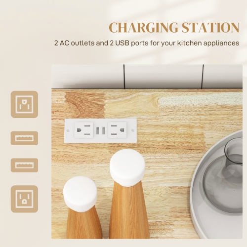 HOMCOM Kitchen Island with USB Ports & Power Outlets, Farmhouse Kitchen Cart with Wood Drop Leaf, Rolling Kitchen Island with 2 Drawers, Spice Rack