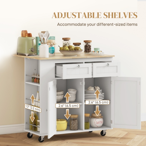 HOMCOM Kitchen Island with USB Ports & Power Outlets, Farmhouse Kitchen Cart with Wood Drop Leaf, Rolling Kitchen Island with 2 Drawers, Spice Rack