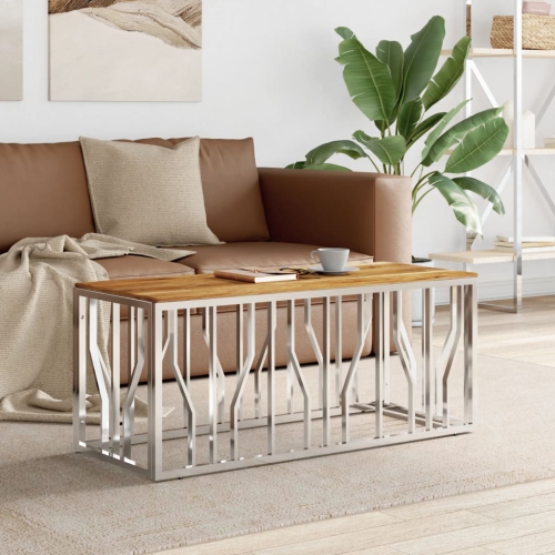 vidaXL Coffee Table Silver Stainless Steel and Solid Wood Acacia