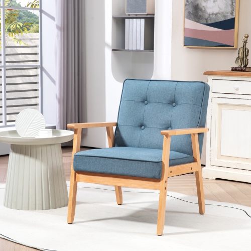 HOMCOM – Fauteuil d’appoint en tissu, fauteuil capitonné, chaise de salon moderne avec pattes en bois et rembourrage épais pour chambre, bleu