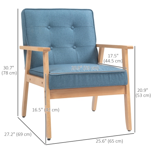 HOMCOM – Fauteuil d’appoint en tissu, fauteuil capitonné, chaise de salon moderne avec pattes en bois et rembourrage épais pour chambre, bleu