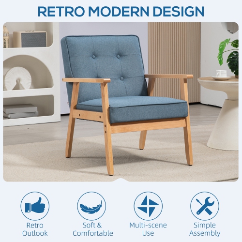 HOMCOM – Fauteuil d’appoint en tissu, fauteuil capitonné, chaise de salon moderne avec pattes en bois et rembourrage épais pour chambre, bleu