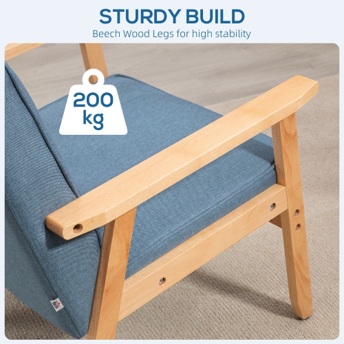 HOMCOM – Fauteuil d’appoint en tissu, fauteuil capitonné, chaise de salon moderne avec pattes en bois et rembourrage épais pour chambre, bleu