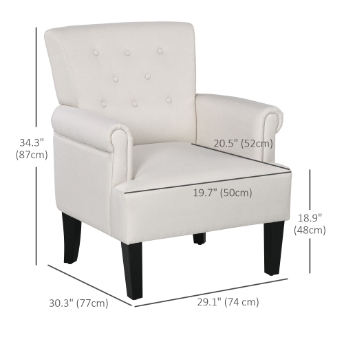HOMCOM Fabric Accent Chair, Tufted Armchair, Upholstered Modern Living Room Chair with Wood Legs, Rolled Arms, Thick Padding for Bedroom, Cream White