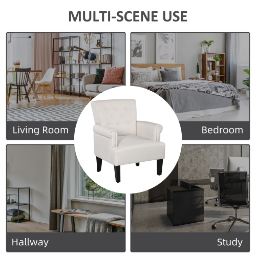 HOMCOM Fabric Accent Chair, Tufted Armchair, Upholstered Modern Living Room Chair with Wood Legs, Rolled Arms, Thick Padding for Bedroom, Cream White