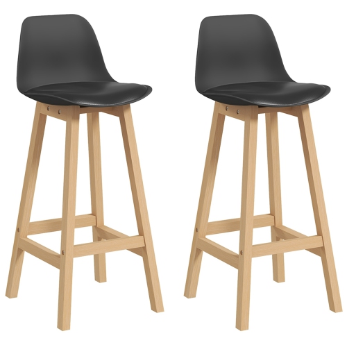 HOMCOM Bar Height Bar Stools Set of 2, Vintage PU Leather Bar Chairs, Kitchen Stools with Footrest for Home Bar, Black & Natural Leg